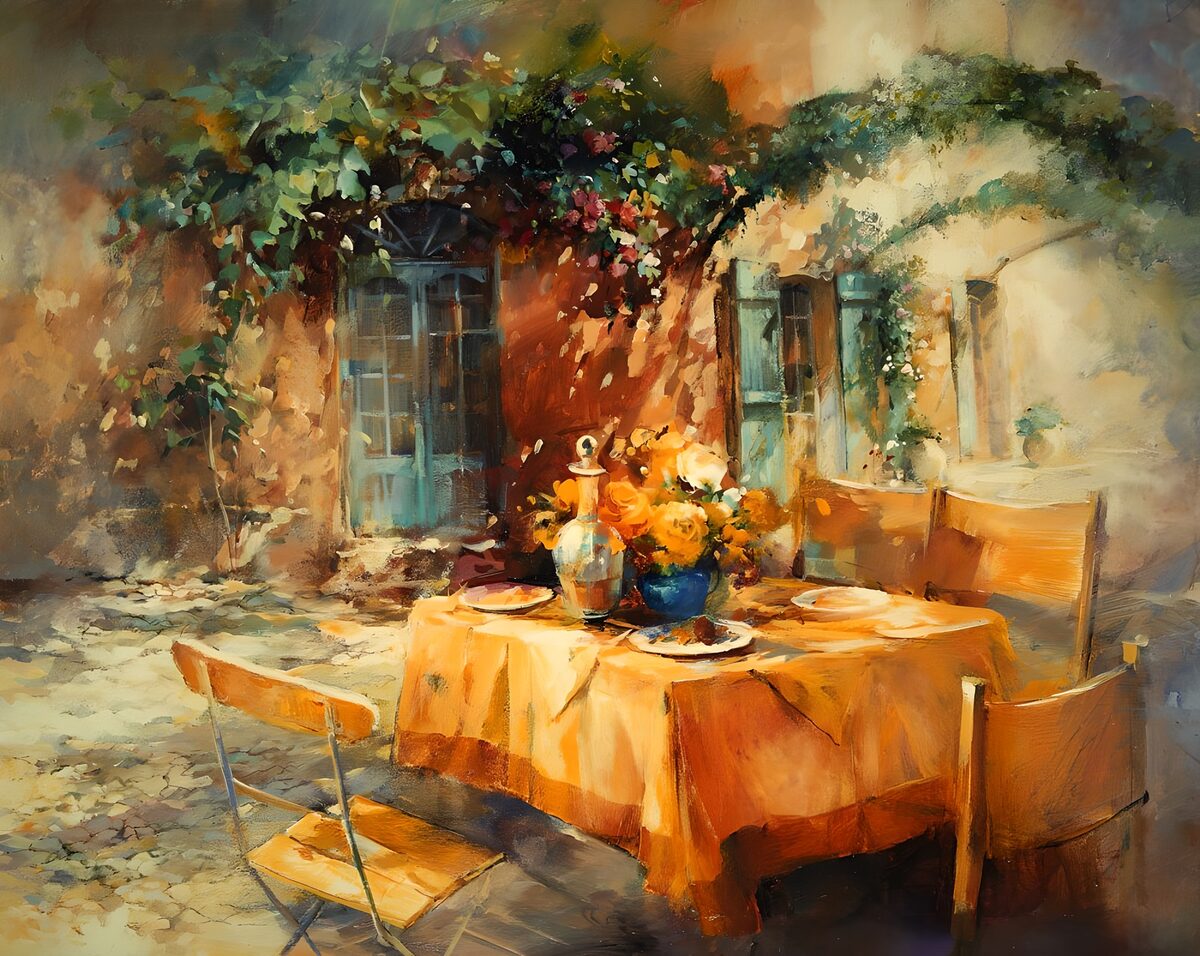 WCUK74633: Painted canvas Tiger Woods version 2. romantically laid table.