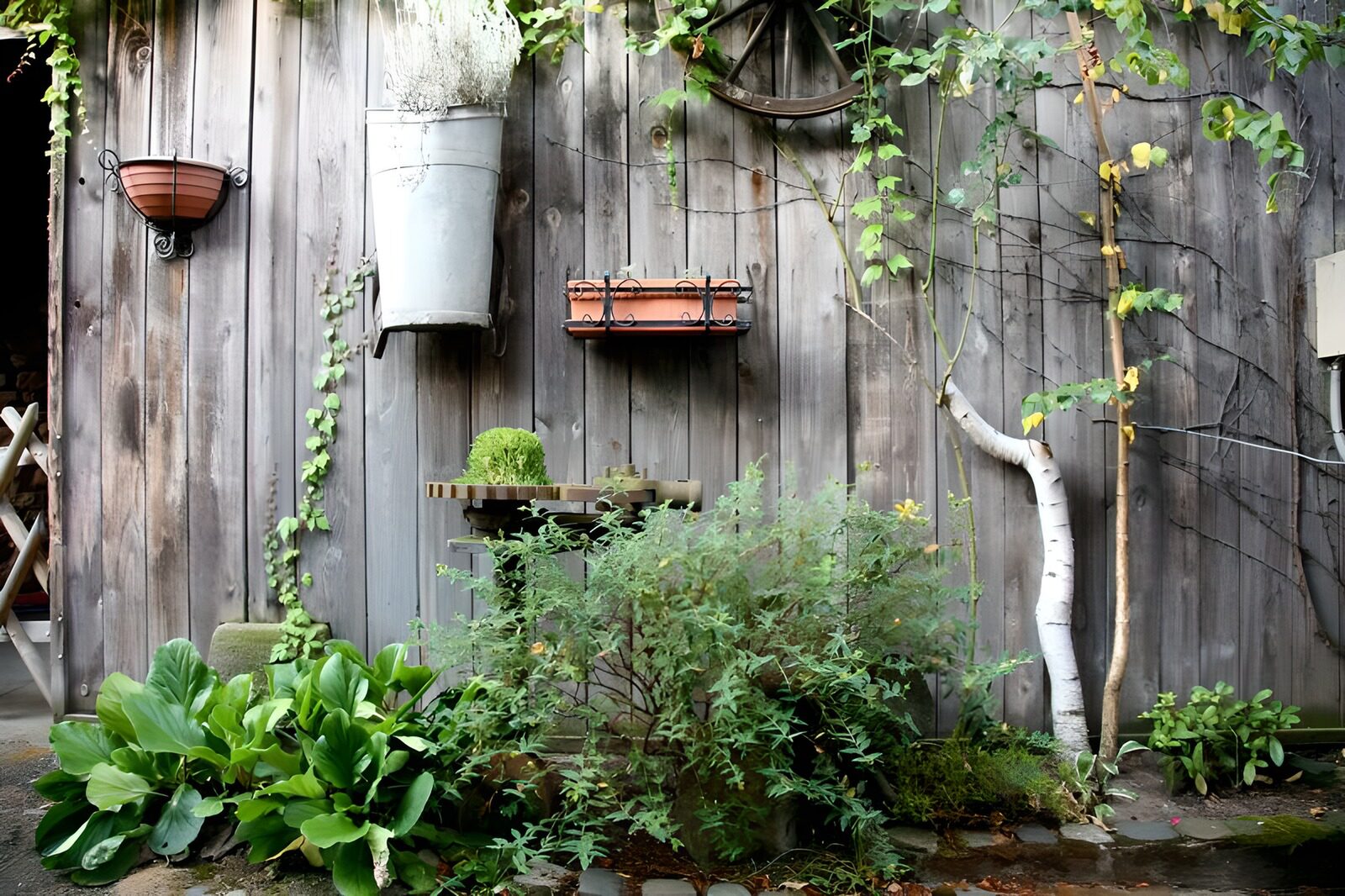 WCUK98541: Wooden fence with flowers and plants , old wheel etc