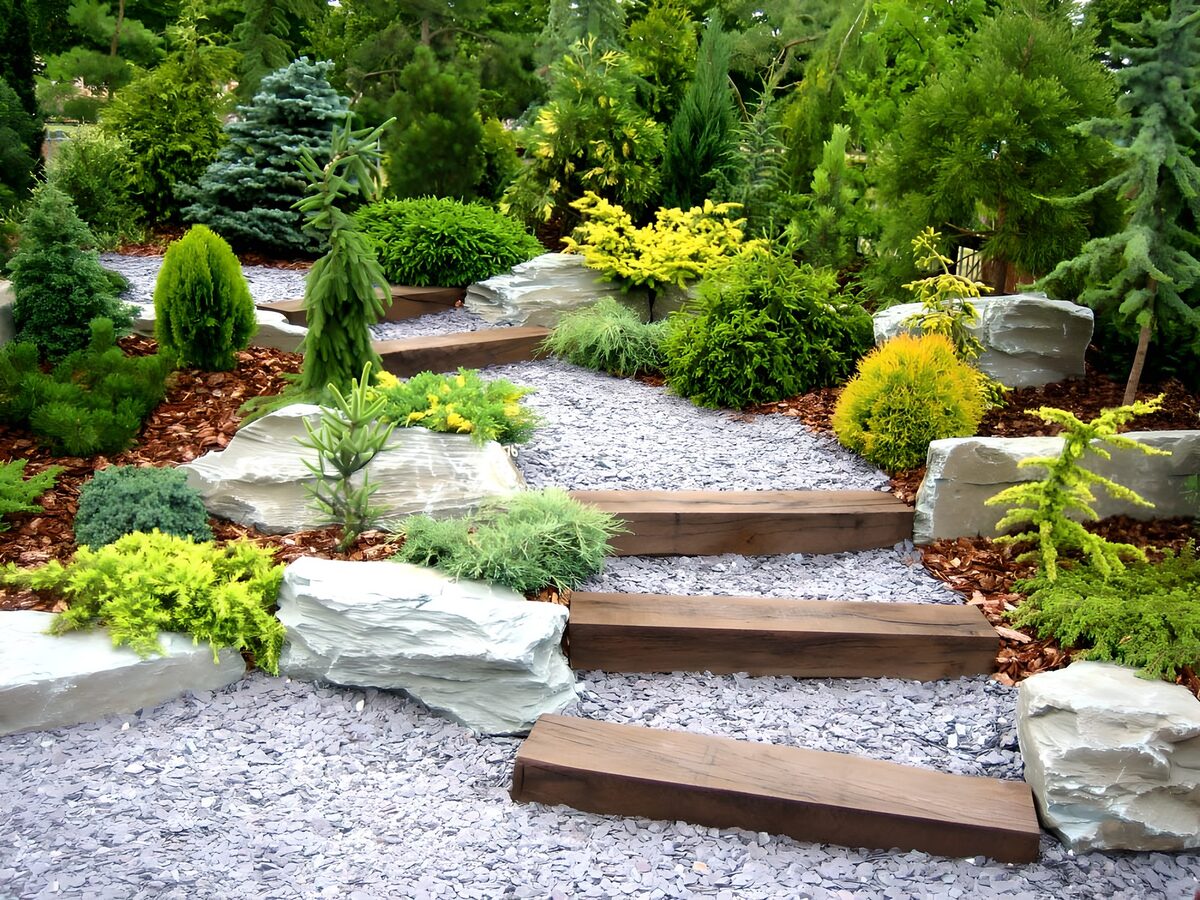 WCUK32736: Garden with steps and various conifers