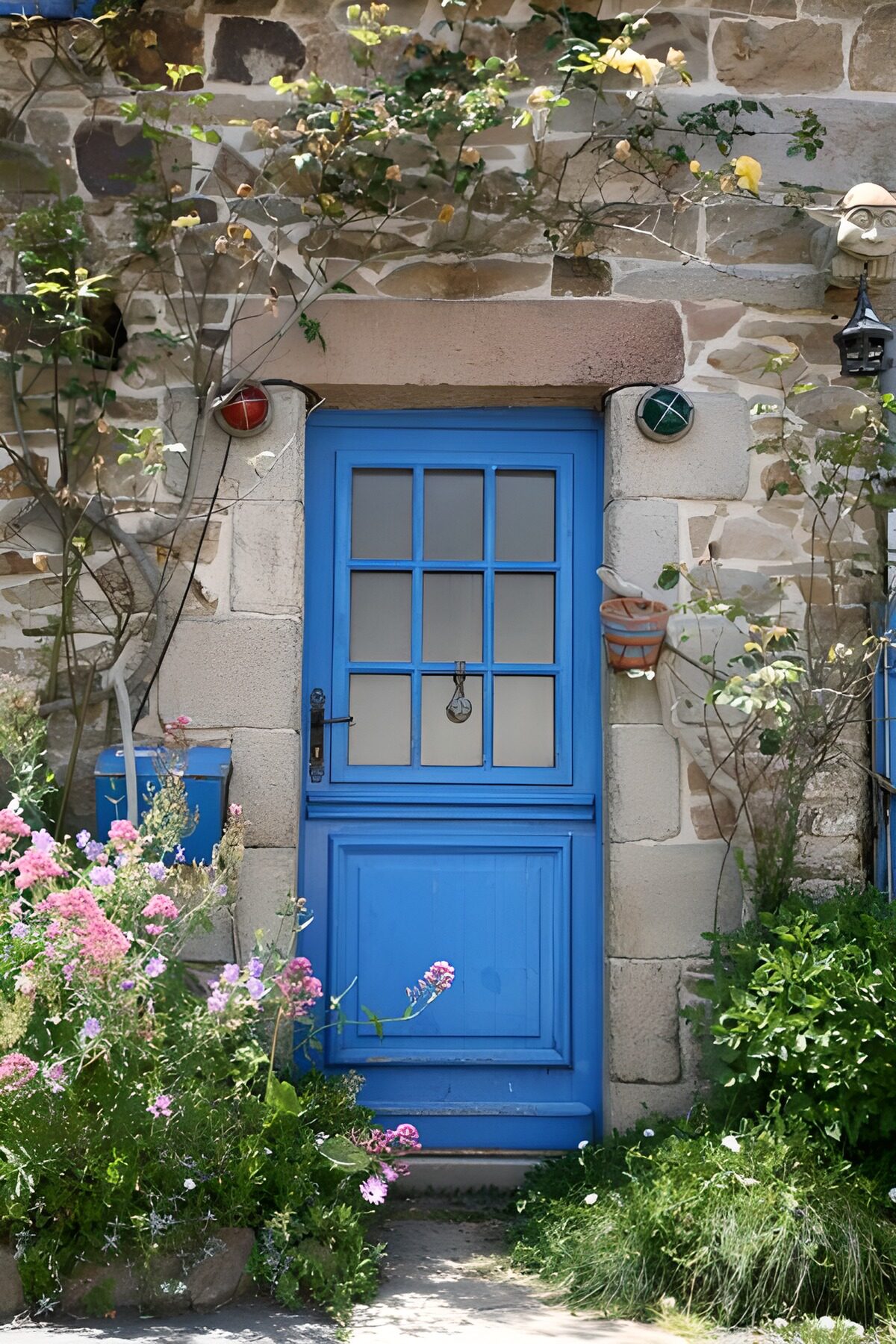 WCUK48444: Bi-fold blue door, house with plants