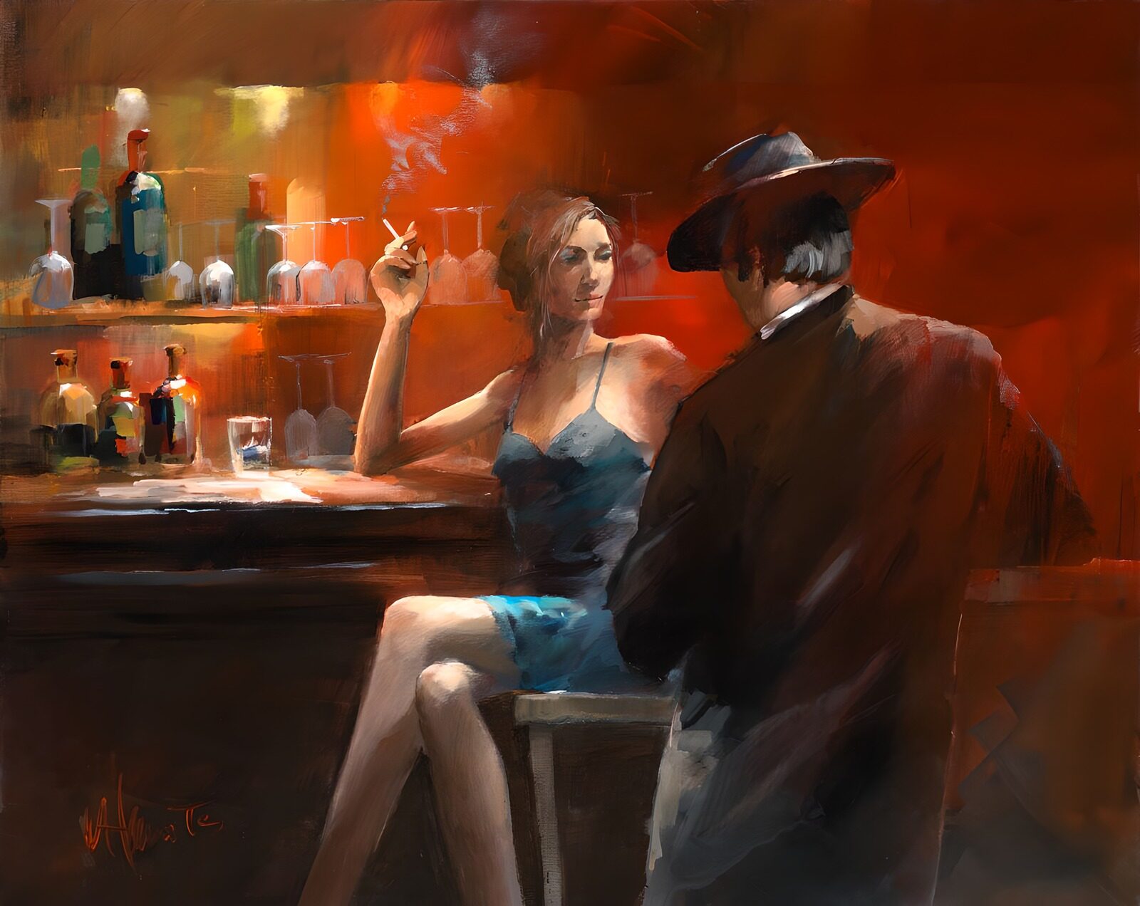 WCUK87434: Painted canvas . Man standing and woman smoking at the bar