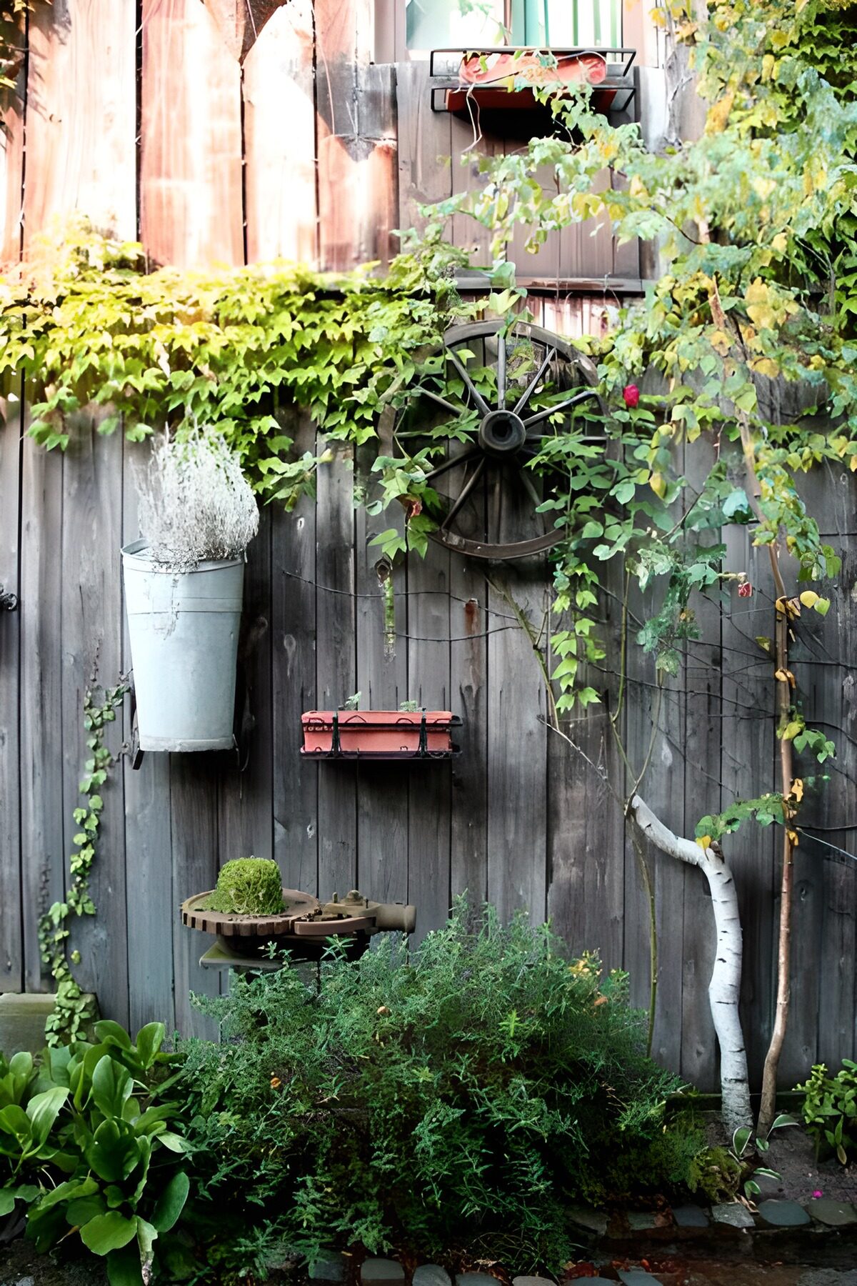 WCUK64361: Old things attached to wooden fence and leaves