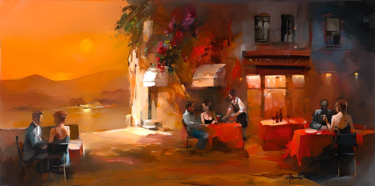 Painted canvas Spanish restaurant with a romantic terrace version 1