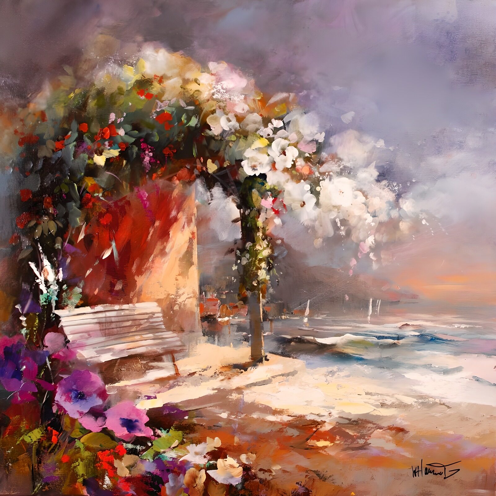 WCUK62924: Painted garden house with flowers chairs and view over the sea version 2