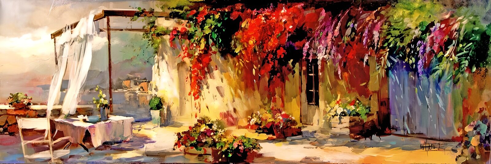 WCUK33489: Painted garden house with flowers chairs and view over the sea version 3