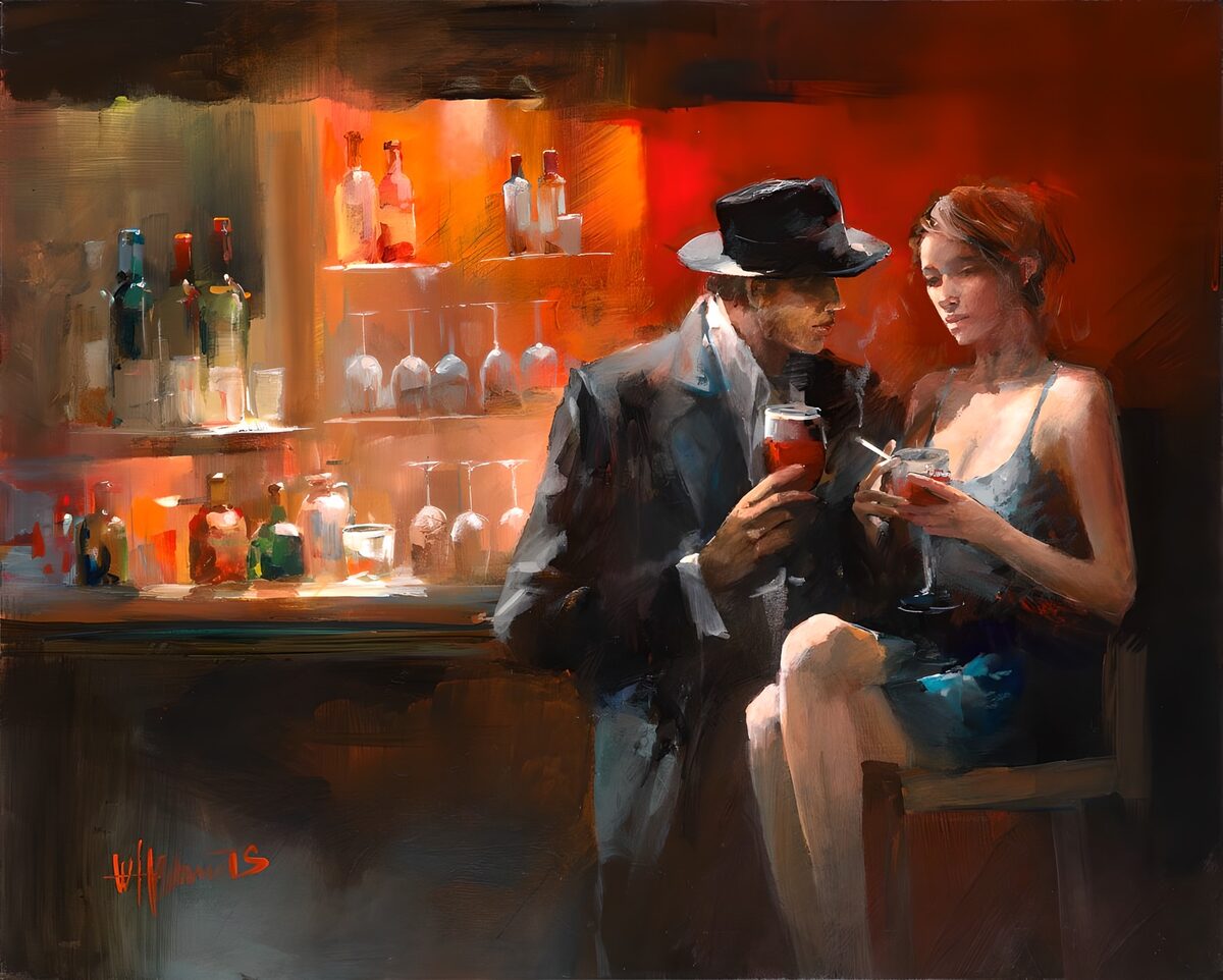 WCUK44555: Painted canvas, couple seated at the bar with a drink