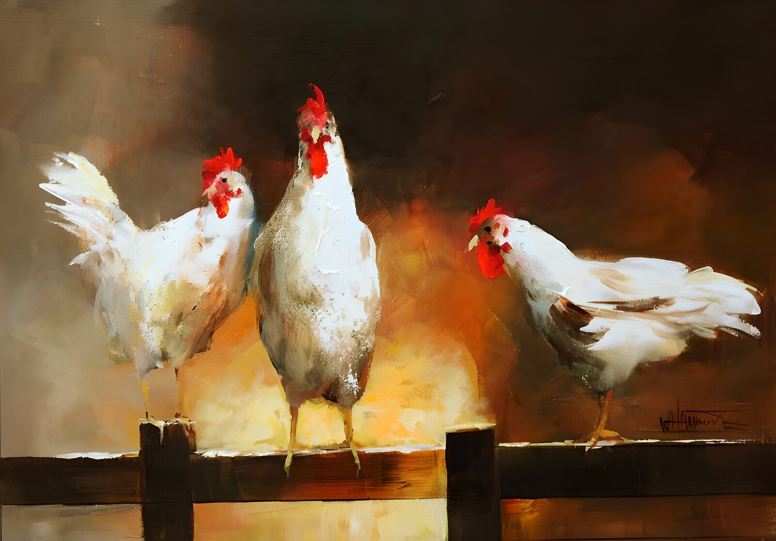 WCUK57803: Three chickens on a gate