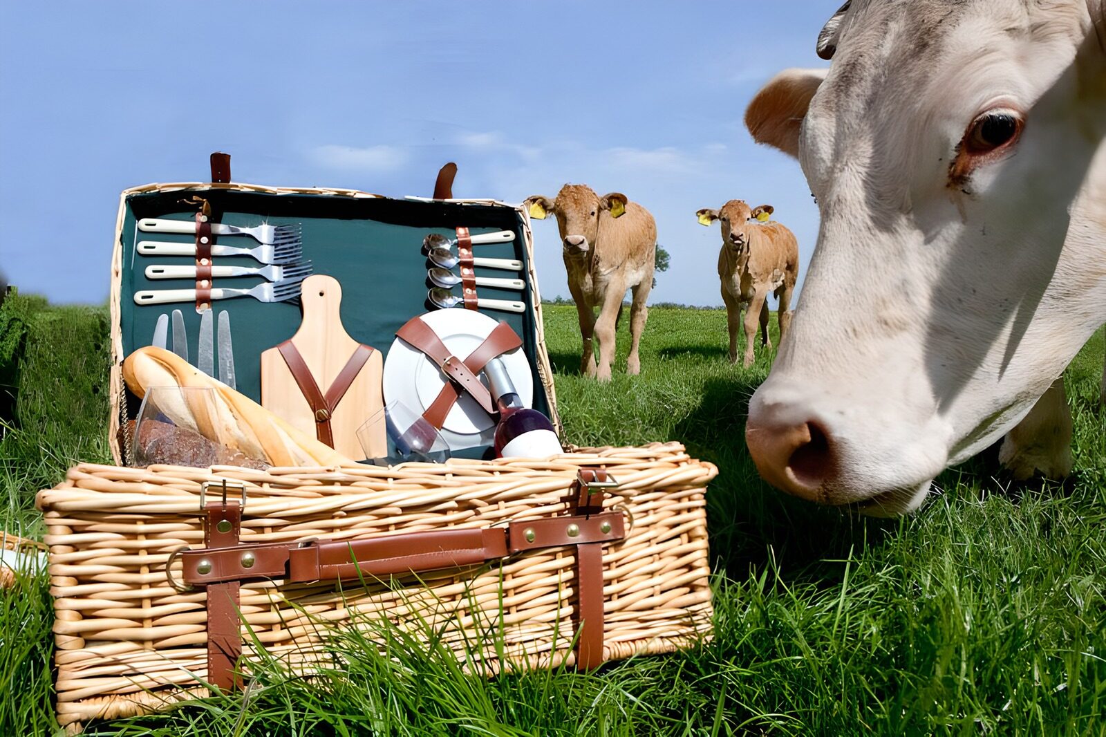 WCUK88222: Cow smelling picnic basket, cows in the background