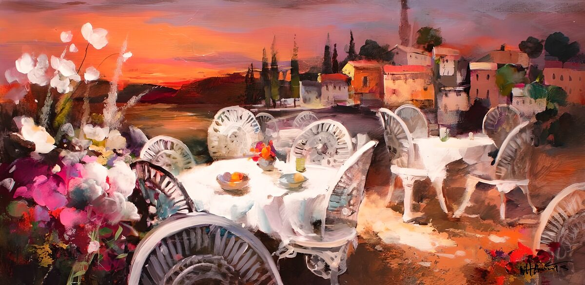 WCUK63773: Painted. Terraces with view over the sea