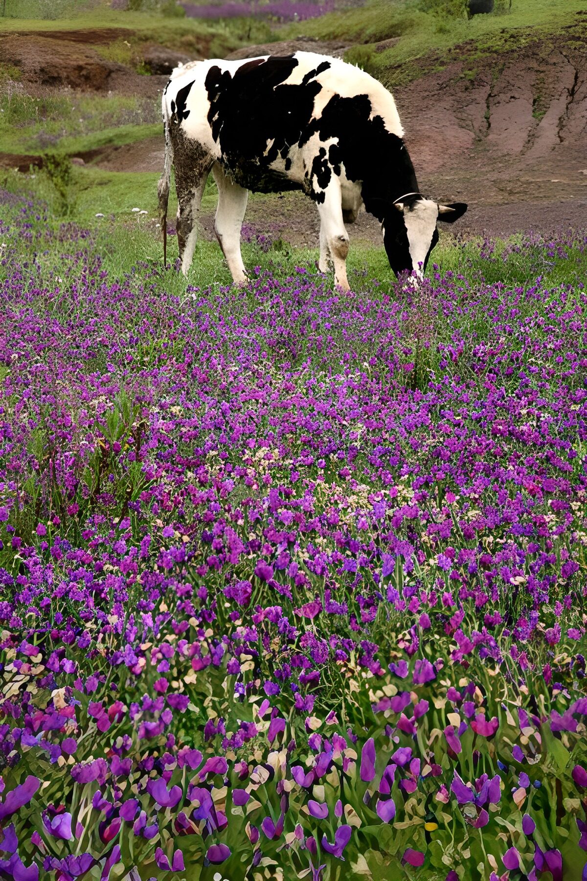 WCUK29795: Cow in field with purple flower