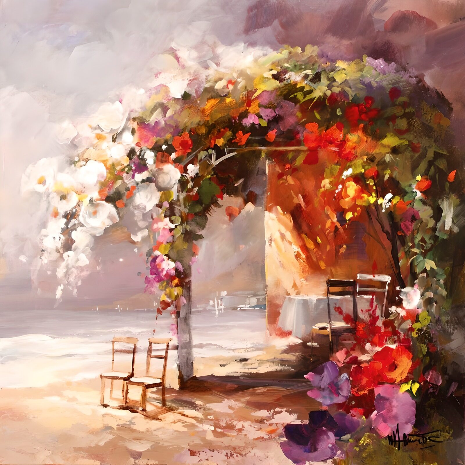 WCUK42862: Painted canvas Garden house with flowers, chairs. View over the sea