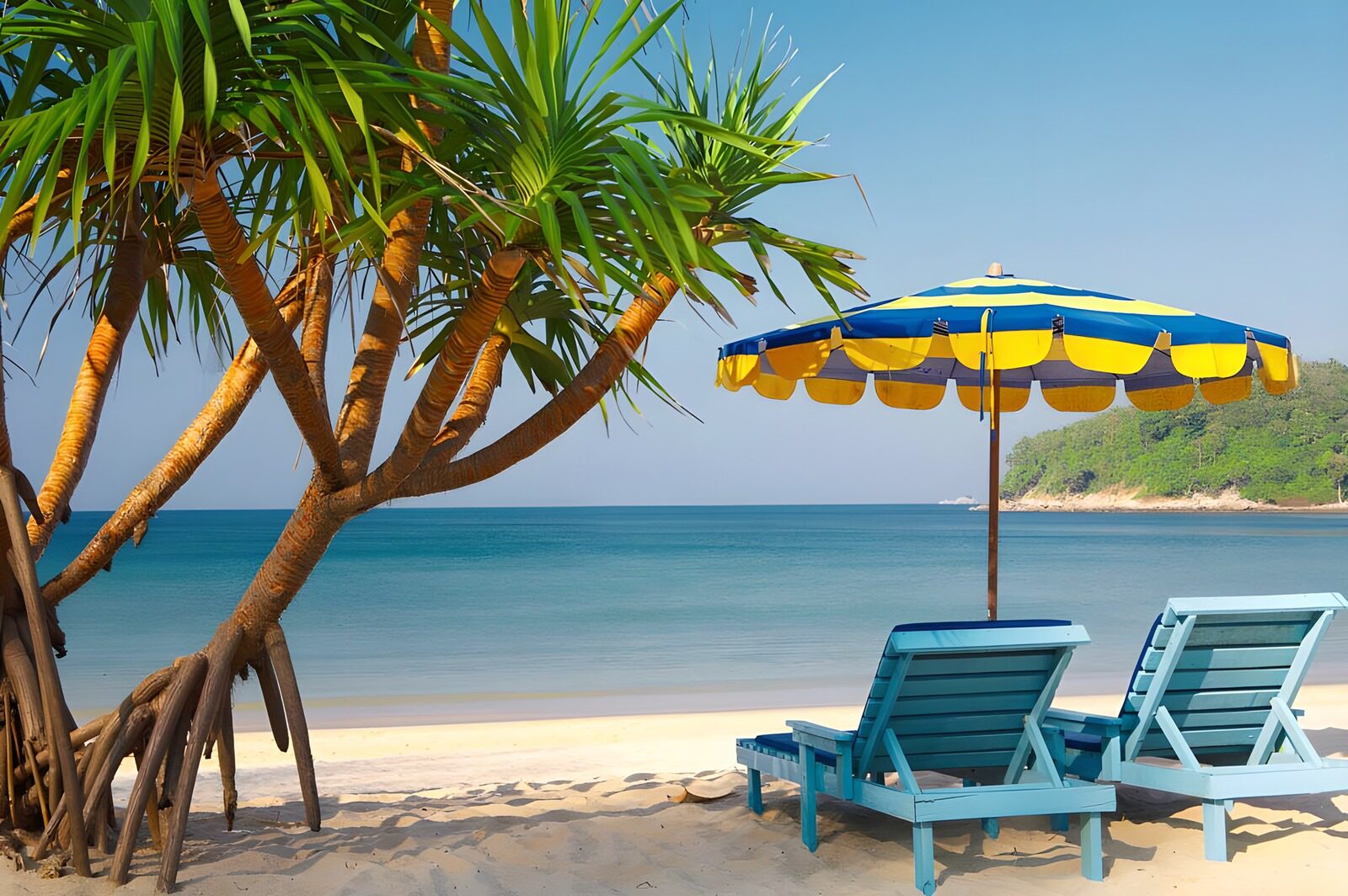 WCUK39632: Tropical tree on the beach with umbrella and blue loungers