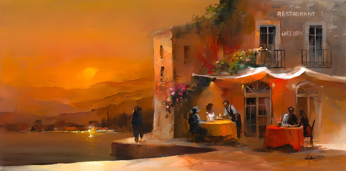 Painted canvas. Spanish restaurant with a romantic terrace version 2