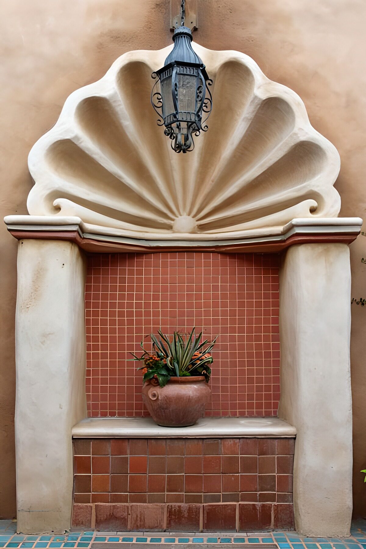 WCUK13851: Fountain with mosaic and lantern and flower pot