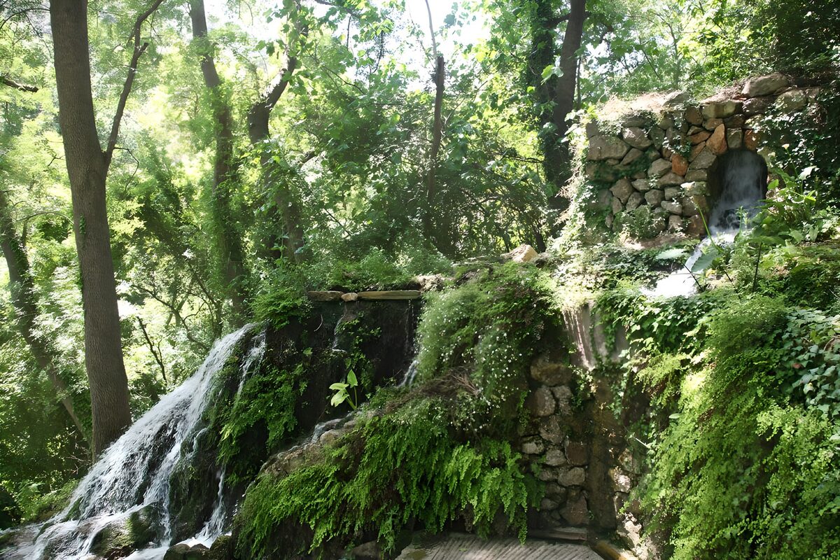 Wall made of boulders with small waterfall covered with several plants