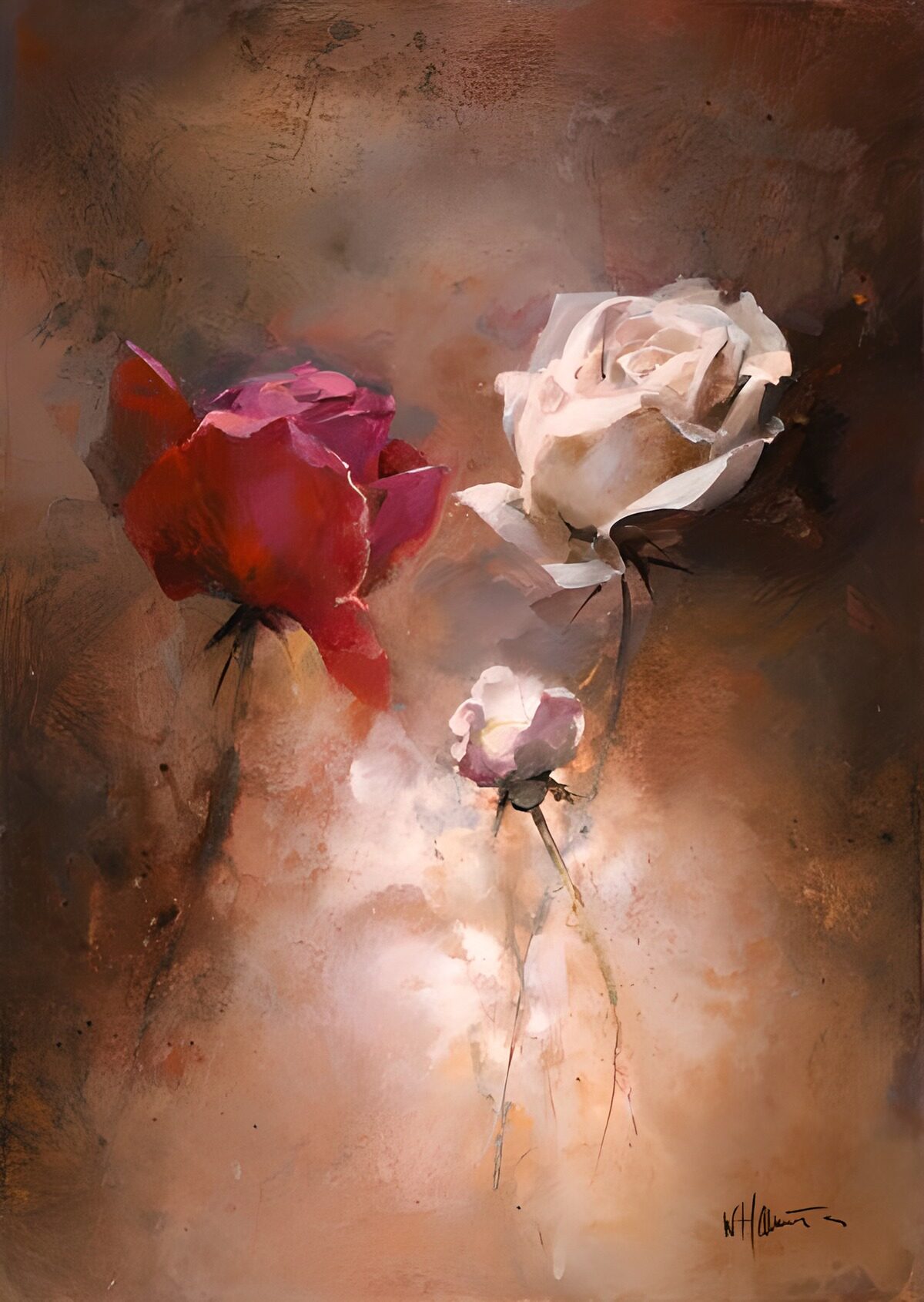 Painted canvas with white and red rose version 2
