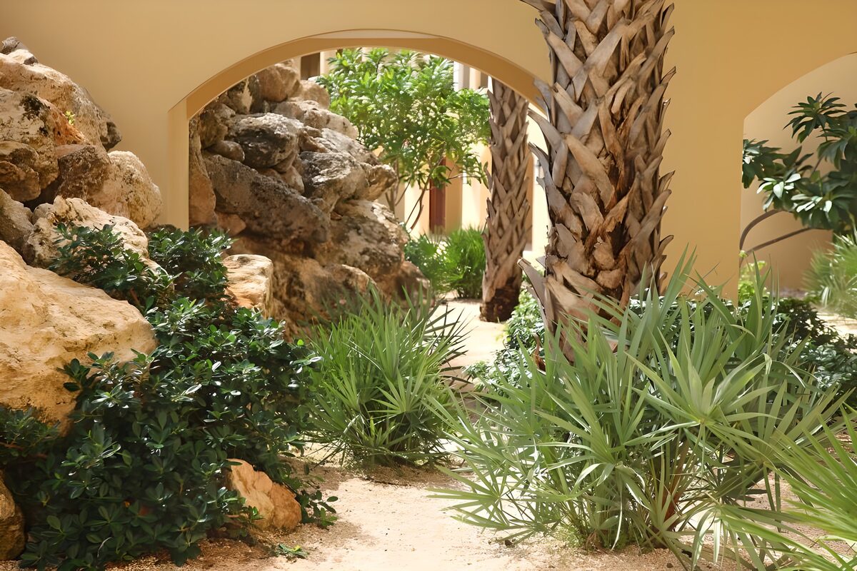WCUK23904: Small bridge with rocks and palm trees