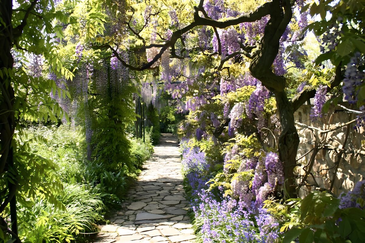 Path with Arch made of blue Wisteria