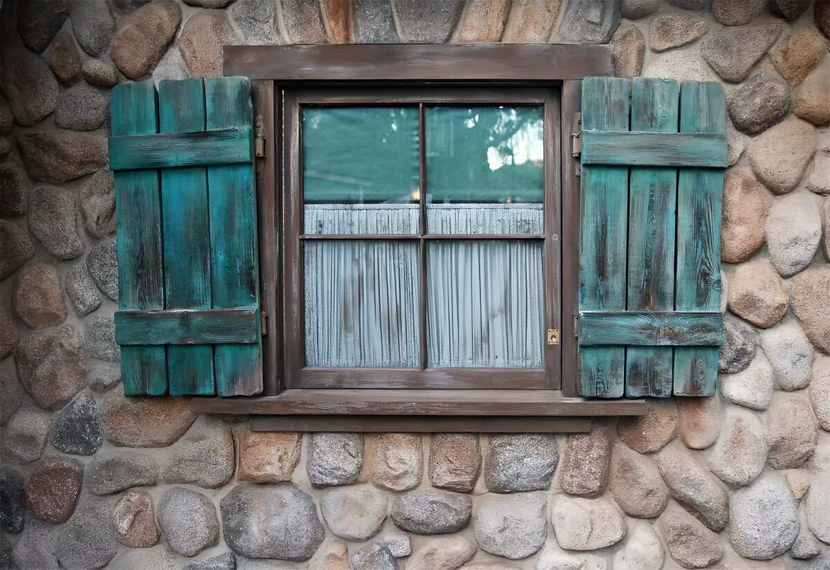 WCUK74153: Cottage with window made of boulders and green shutters