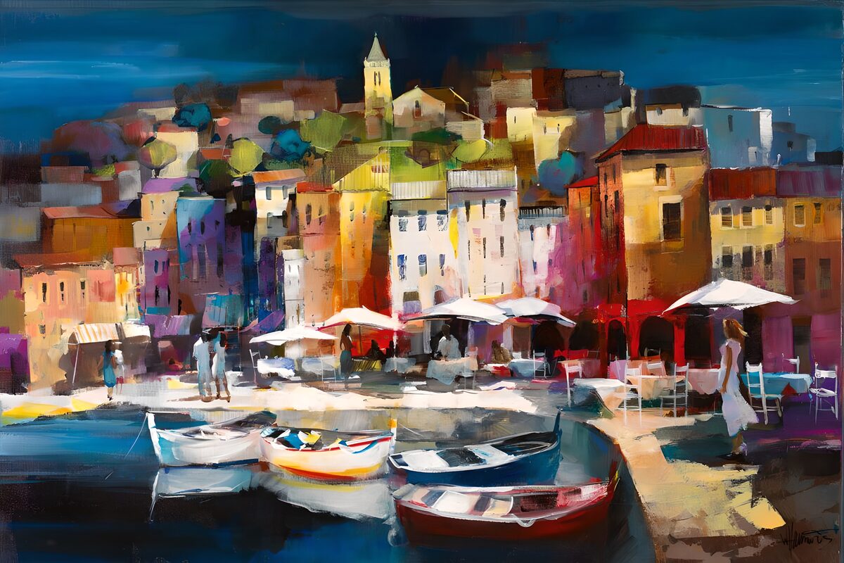 Painted canvas Townscape with harbour
