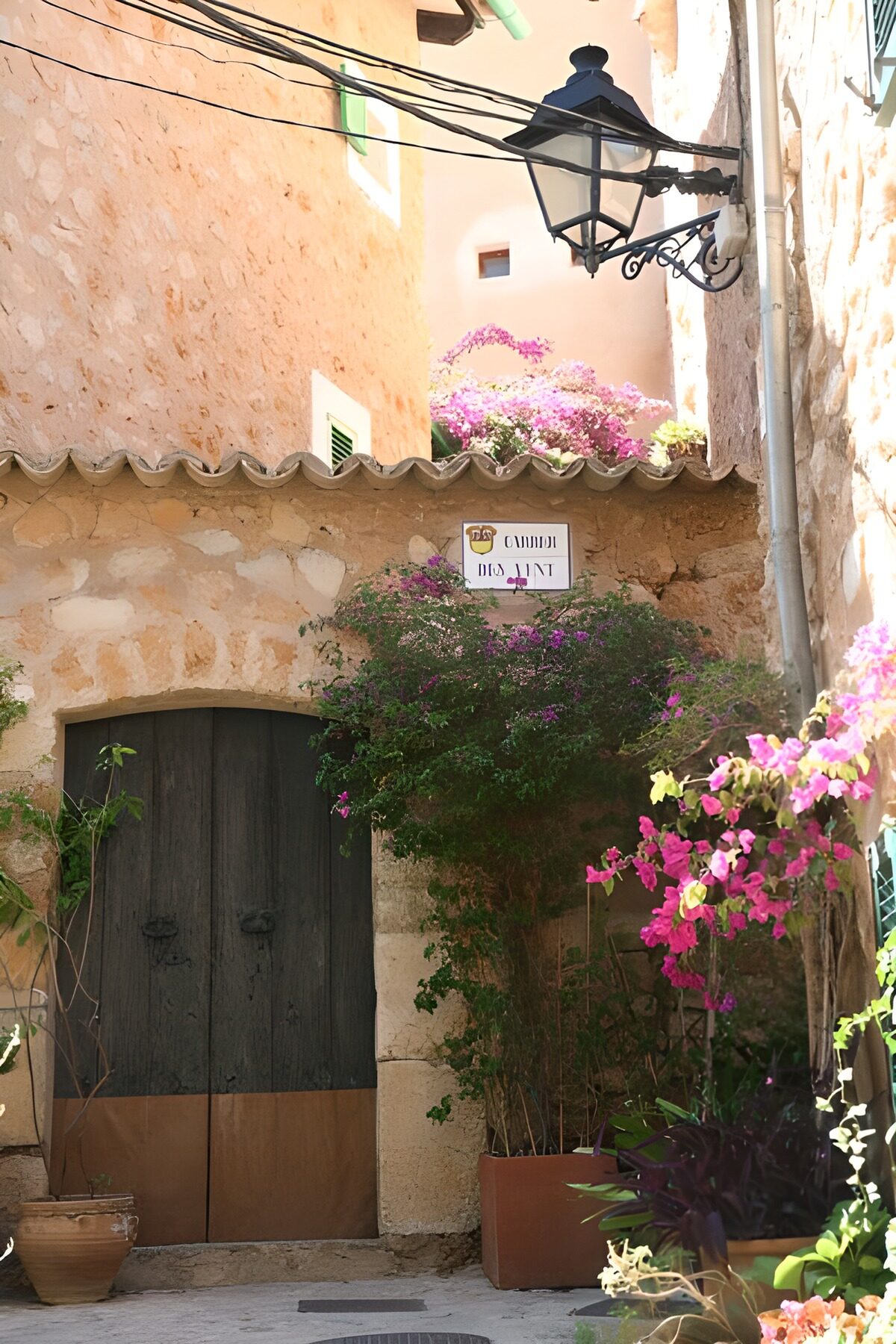 WCUK32630: Large door in stone wall with lantern and plants 1