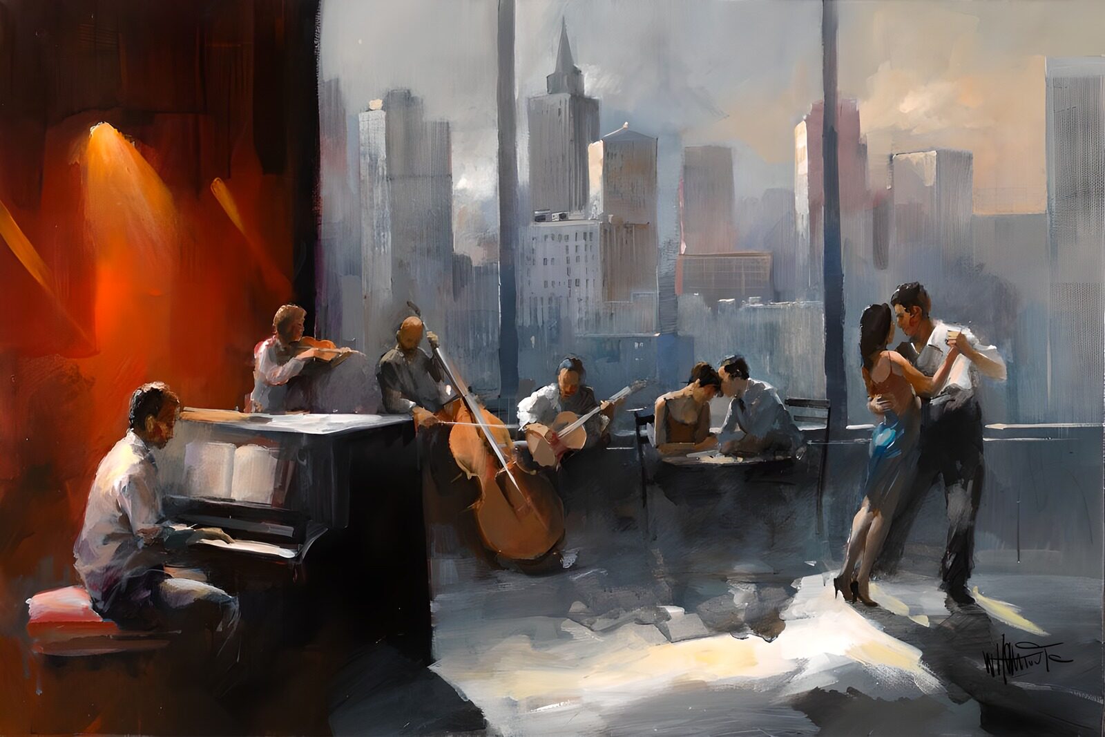 WCUK77684: Painted canvas  Couple dancing Tango. Orchestra version 1