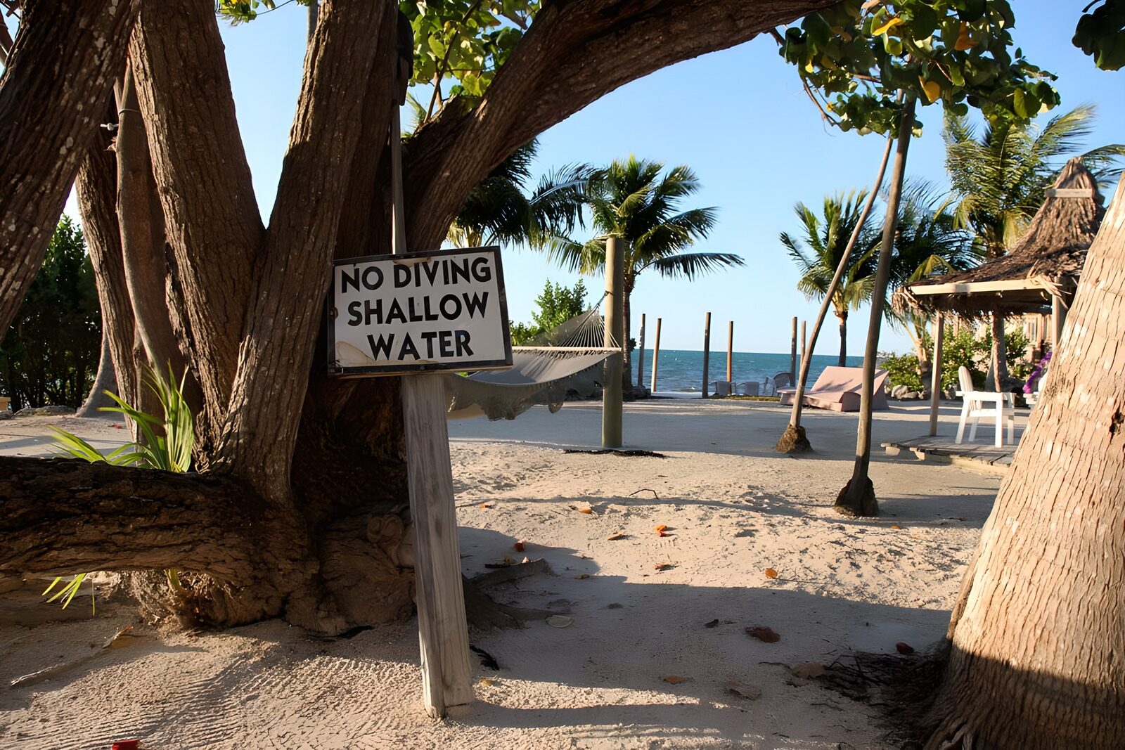WCUK31179: Caribbean beach with 'no diving shallow water' sign